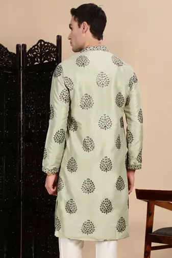Green silk blend sequins kurta for mens