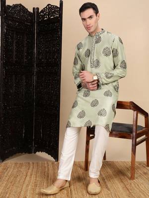 Green silk blend sequins kurta for mens 5