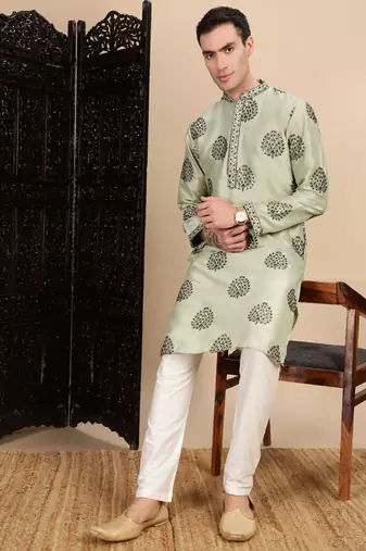 Green silk blend sequins kurta for mens