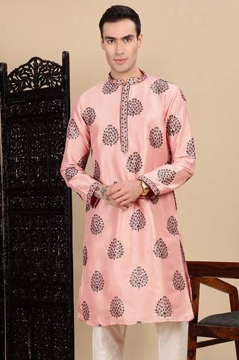 Peach silk blend sequins kurta for mens