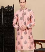 Peach silk blend sequins kurta for mens
