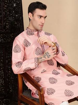 Peach silk blend sequins kurta for mens 2