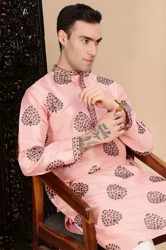 Peach silk blend sequins kurta for mens