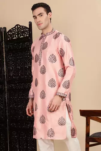 Peach silk blend sequins kurta for mens