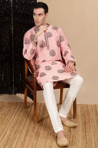 Peach silk blend sequins kurta for mens