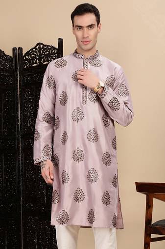 Purple silk blend sequins kurta for mens