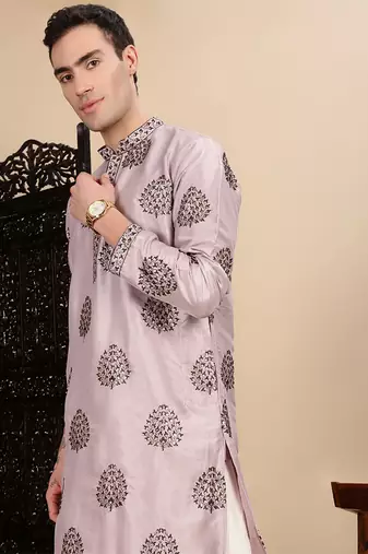 Purple silk blend sequins kurta for mens