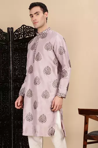 Purple silk blend sequins kurta for mens