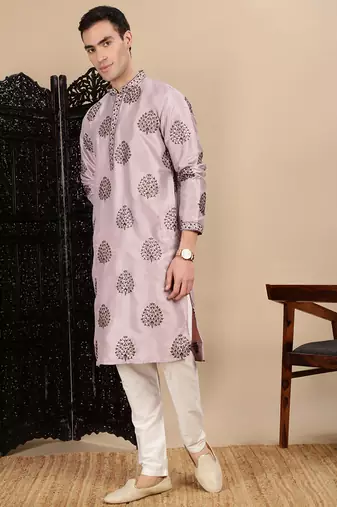Purple silk blend sequins kurta for mens