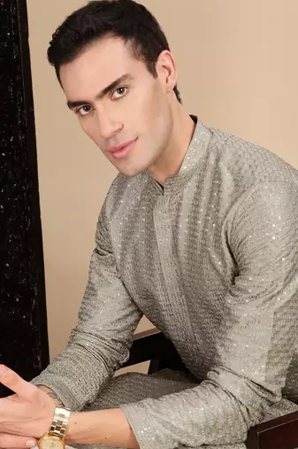 Pista silk blend sequins kurta for mens