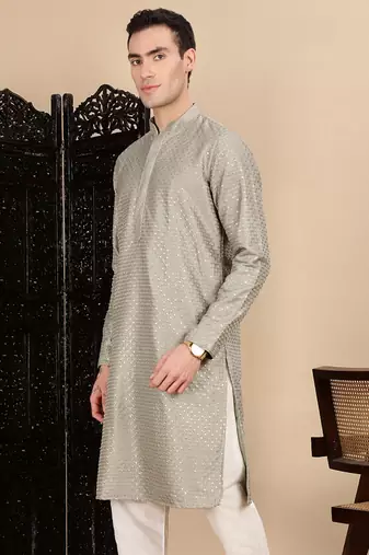 Pista silk blend sequins kurta for mens