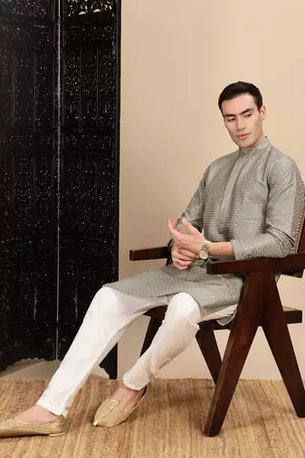 Pista silk blend sequins kurta for mens