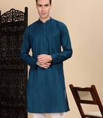 Blue cotton textured kurta for mens