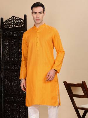 Mustard cotton textured kurta for mens 1