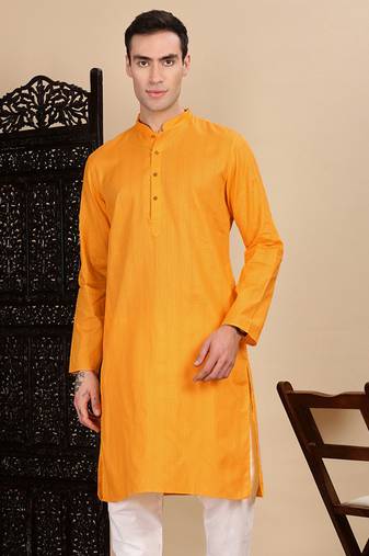 Mustard cotton textured kurta for mens