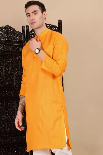 Mustard cotton textured kurta for mens