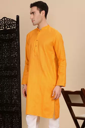 Mustard cotton textured kurta for mens