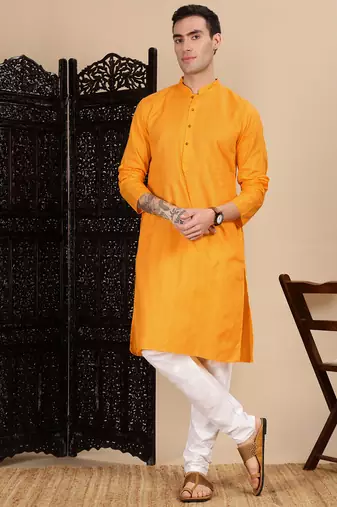 Mustard cotton textured kurta for mens