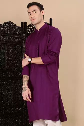 Purple cotton textured kurta for mens