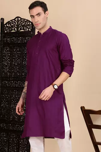 Purple cotton textured kurta for mens
