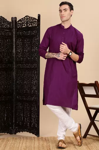Purple cotton textured kurta for mens
