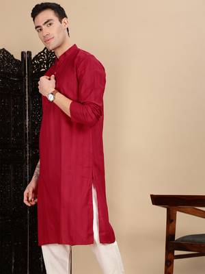 Red cotton textured kurta for mens 2