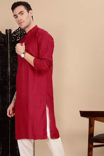Red cotton textured kurta for mens
