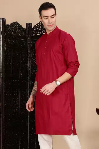 Red cotton textured kurta for mens