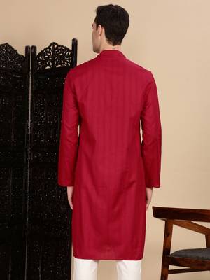 Red cotton textured kurta for mens 4