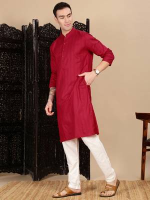 Red cotton textured kurta for mens 5