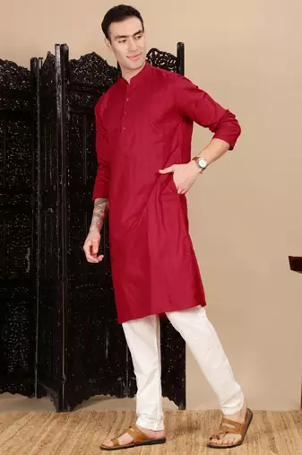 Red cotton textured kurta for mens