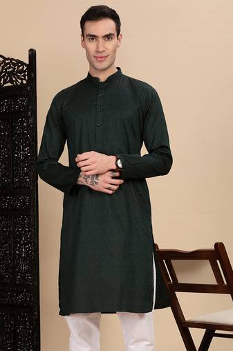 Deep green cotton textured kurta for mens