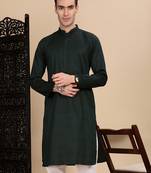 Deep green cotton textured kurta for mens