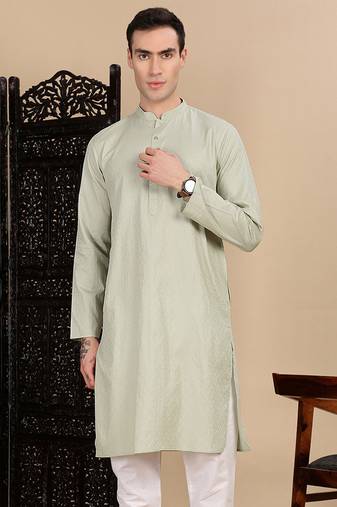 Green cotton textured kurta for mens