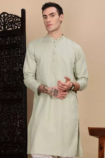 Green cotton textured kurta for mens