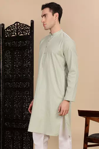Green cotton textured kurta for mens