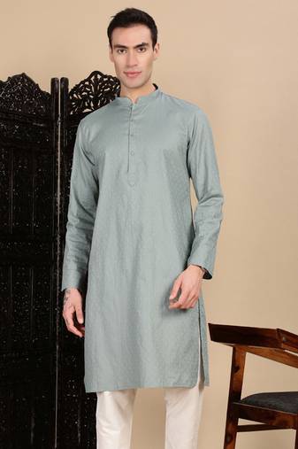 Grey cotton textured kurta for mens