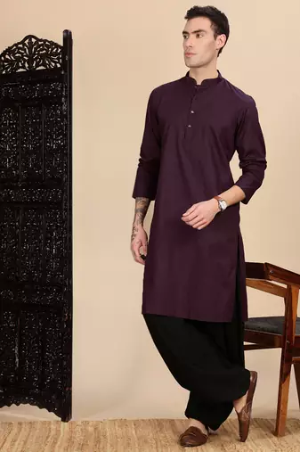 Wine cotton textured kurta for mens
