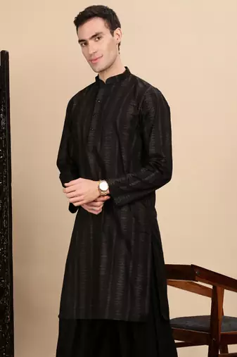Black cotton textured kurta for mens