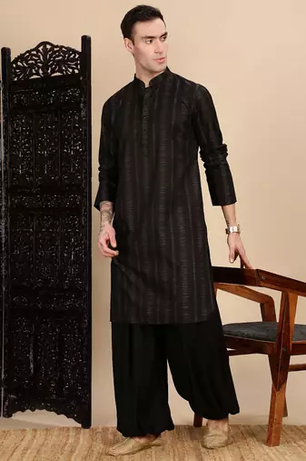 Black cotton textured kurta for mens