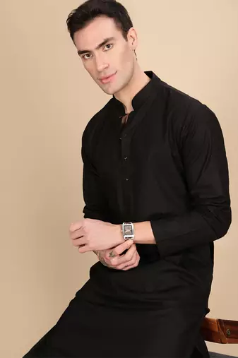 Black cotton textured kurta for mens