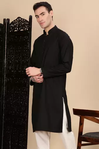 Black cotton textured kurta for mens