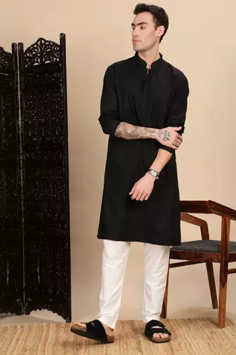 Black cotton textured kurta for mens