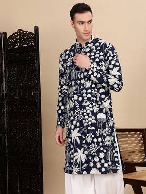 Deep blue silk blend chikankari kurta for mens 1