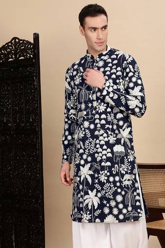 Deep blue silk blend chikankari kurta for mens