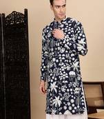 Deep blue silk blend chikankari kurta for mens