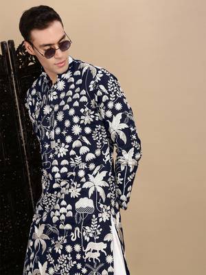 Deep blue silk blend chikankari kurta for mens 2