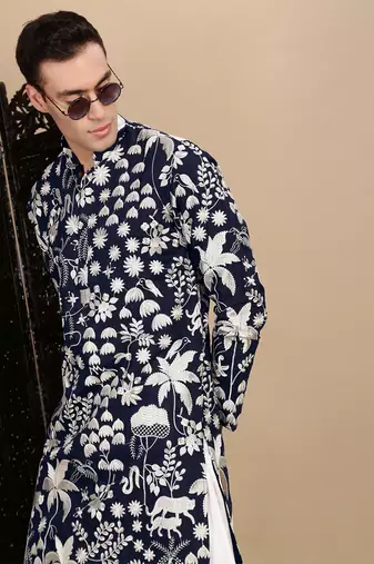 Deep blue silk blend chikankari kurta for mens