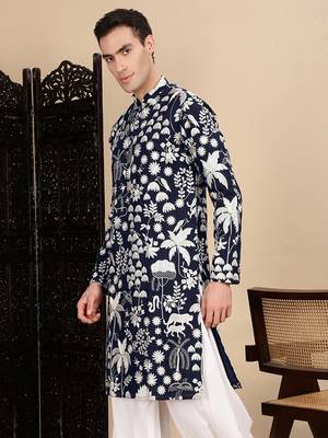 Deep blue silk blend chikankari kurta for mens 3