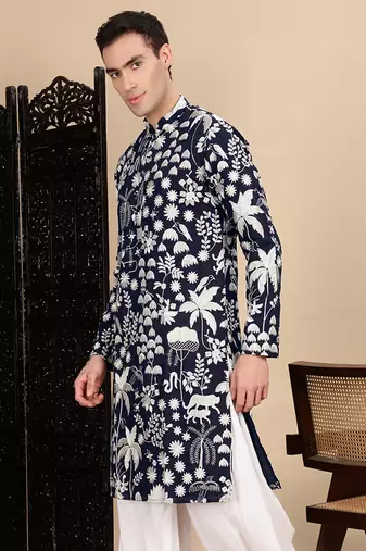 Deep blue silk blend chikankari kurta for mens